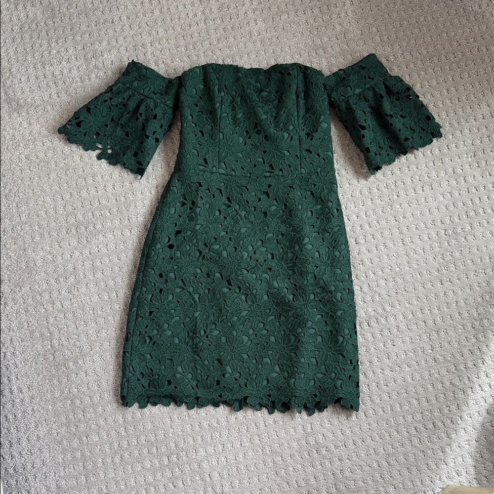 Club Monaco Forest Green One-Shoulder Lace Dress